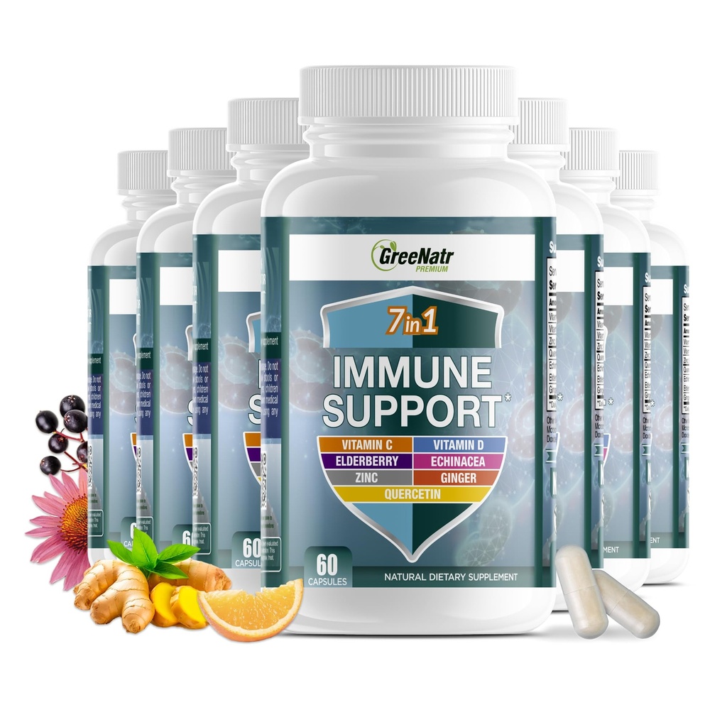 GreeNatr 7 in 1 Immune Support Supplement koos C-vitamiini, D3-vitamiini, tsink 50mg, Quercetin, Echinacea Purpurea, Sambucus Elderberry ja ingver täielikuks immuunkaitseks - 60 kapslit (12 pudelit)