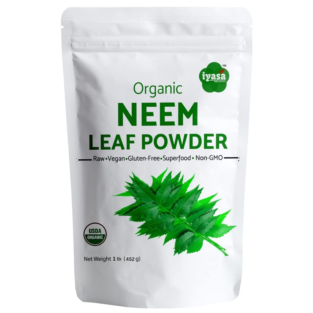 Iyasa Holistics Orgaaniline Neem Pulber Ayurveda ürt ja supertoit, toetab vere ja maksa puhastamist, soodustab tervislikke juukseid ja selget nahka, taassuletav kott 16 oz / 453 g