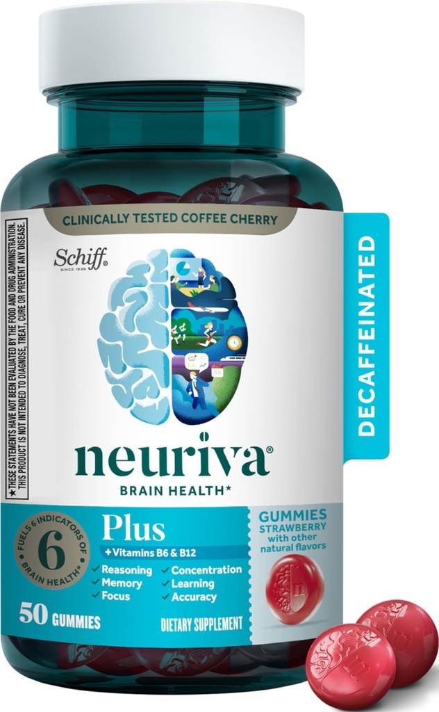 NEURIVA Plus aju täiendus mälule, fookusele ja kontsentratsioonile + Kognitiivne funktsioon vitamiinidega B6 & B12 ja kliiniliselt testitud nootroopika fosfatidüülseriin ja neurofaktor 50ct maasikakummid