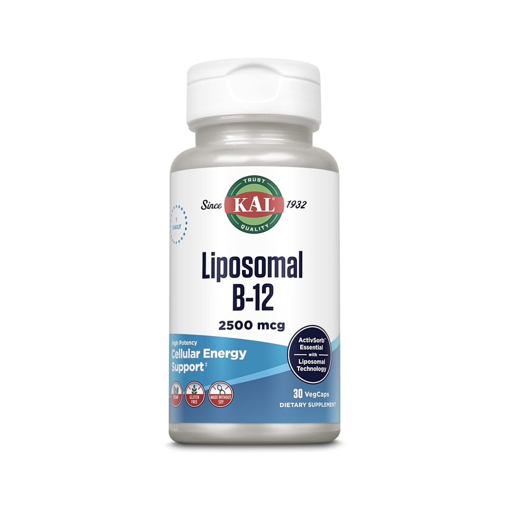 KAL Liposomaalne Vitamiin B12 2500 mcg, kõrge imendumine, Liposomaalne tehnoloogia, rakuenergia tugi, Vegan Kapslid, Gluteenivaba, Valmistatud Ilma Soja, 30 Servings