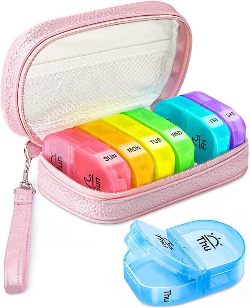 Cute Pill Organizer 2 korda päevas, PU nahapillide juhtum naistele, kaasaskantav iganädalane pillide karp rahakotiga ladustamiseks kott hoida vitamiine, ravimeid, kalaõli, toidulisandeid (Pink)