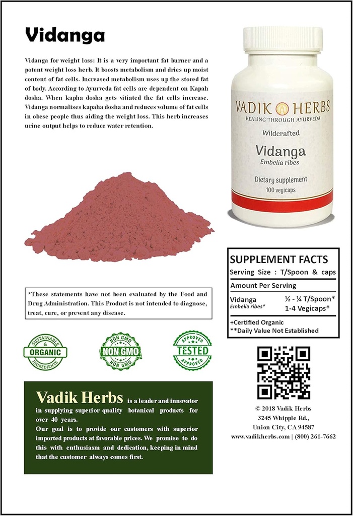 Vadik Herbs Certified Organic Vidanga (Embelia Ribes) Powder 1lb. Suurepärane maitsetaimed kaalulangus, naha tingimused, soolepuhastaja