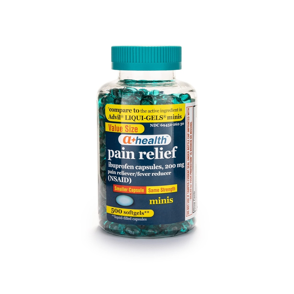 A + Health Mini Ibuprofeen 200 Mg Softgels, valu leevendaja / palaviku vähendaja (NSAID), 500 Count