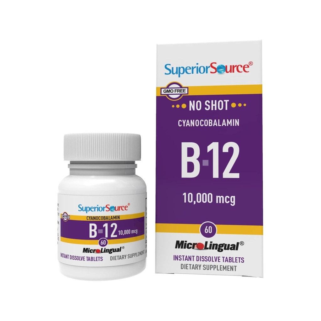 Superior Allikas No Shot Vitamiin B-12 Tsüanokobalamiin 10000 mcg - Vitamiin B-12, et toetada energia tootmist, aju tervist ja üldist heaolu - Sublingvaalsed tabletid - 60 lahustuvat tabletti