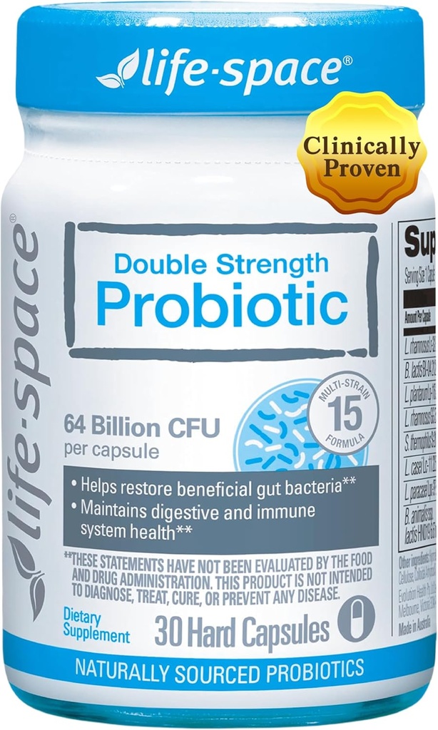 Life-Space Double Strength Broad Spectrum Probiotic, 64 Billion CFU & 15 Diverse Strains, Redouble Formulated for Digestive Health & Immune Health, Probiotics for Women & Men - 30 Veg Capsules