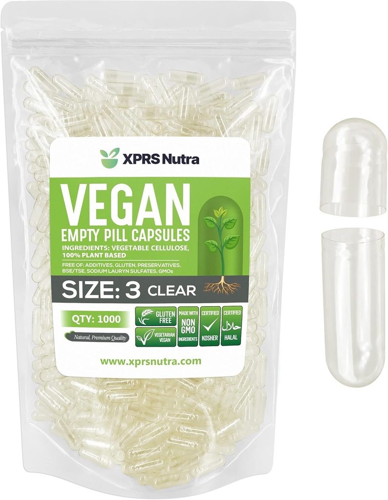 XPRS Nutra Size 3 Empty Capsules - 1000 Count Clear Empty Vegan Capsules - Vegetarian Pills - DIY Vegetable Capsule Filling - Veggie Pill Caps