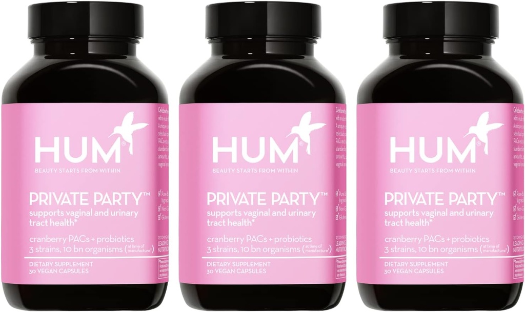 HUM Private Party Vaginaalsed probiootikumid naistele, pH tasakaal ja kuseteede toetamine Vaginaalne probiootiline lisand koos jõhvika ja Lactobacillus Blend, Naiste tervis Cranberry pillid, 90 kapslit