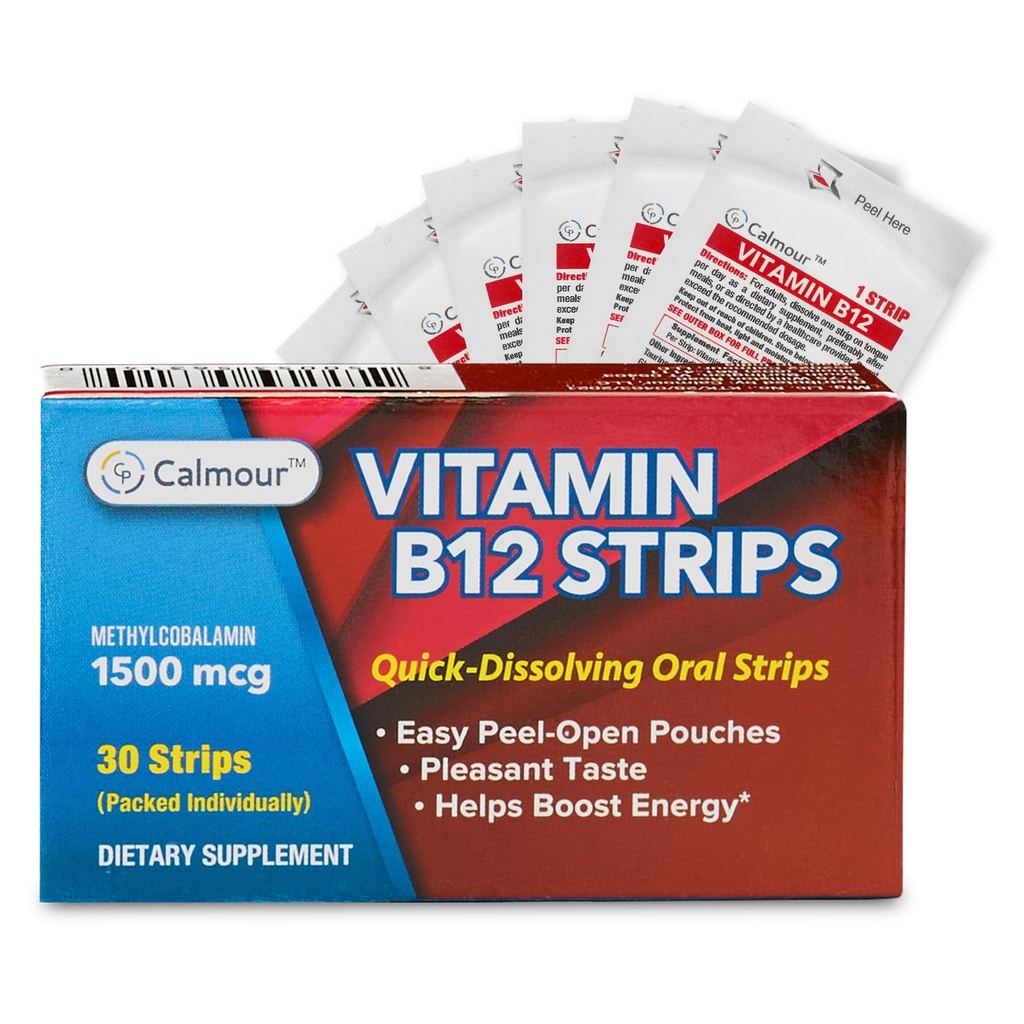 Vitamiin B12 Strips 30 Pack | Lihtne suukaudne lahustatav piparmündi maitsestatud ribad | 1500 mcg ribad | VIT B12 Lahustub keele all | Metüülkobalamiin B-12 vitamiini valem | Vegan Sõbralik & Gluteenivaba
