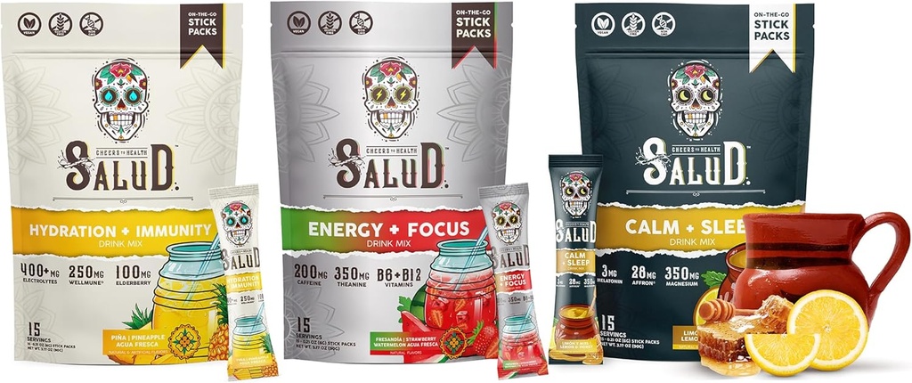Salud Variety 3-Pack | 2-in-1 Hüdratsioon + immuunsus (Pineapple), energia + fookus (Maasikas Arbuus) & Rahulikkus + Sleep (sidrun Honey) - 15 Servings Iga, Non-GMO, Gluteenivaba, madala kalorsusega, 1 g suhkrut