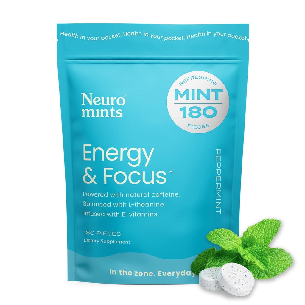 NeuroGum Energy Kofeiin Mints (180 tükki) - Suhkruvaba L-teaniin + looduslik kofeiin + Vitamiin B12 & B6 - Nootroopne energia ja fookuse täiendus naistele ja meestele - Keto & Vegan, piparmündi maitse