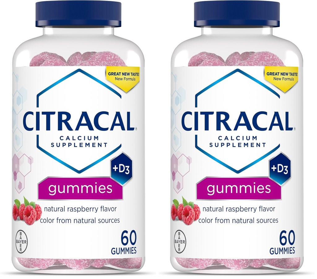 CITRACAL Calcium Supplement Gummies, närimiskõlblik kaltsium koos D3-vitamiiniga, toetab luude tervist, kaltsiumi närimist vanuses 12+, looduslikku vaarikamaitset, 60 loendit (2. pakk)