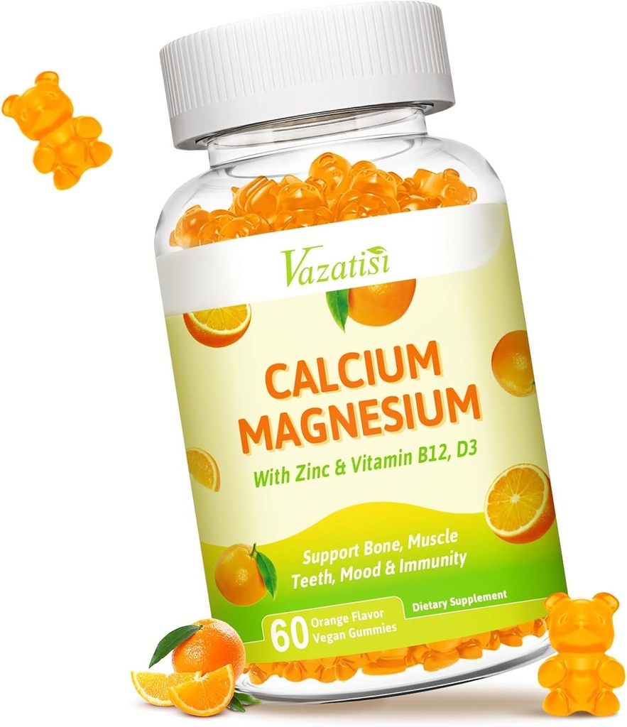 Kaltsium Magneesium Tsink Kummid Vitamiin D3 ja K2, Suure imendumisega Magneesium Glütsinaat Kaalium Immuunseks ja rahulikuks meeleoluks, Vegan Orange Maitse 60 Gummies