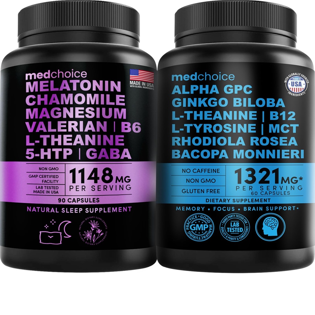 MEDCHOICE Sleep Melatoniin (90ct) ja Nootroopne Aju (60ct) Täienduspakett - Wellness Duo une, aju, fookuse ja meeleolu toetamiseks - Vegan, mitte-GMO, Gluteenivaba