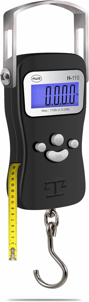 AWS Digital Pagas Scale, Fish Weighing Scale, Hanging Scale 110lb/50kg – Die-Cast Metal Construction, Built-in Tape Measure, Hook & Handle – reisimiseks, kalapüügiks, vibulaskmiseks, küttimiseks, õues (must)