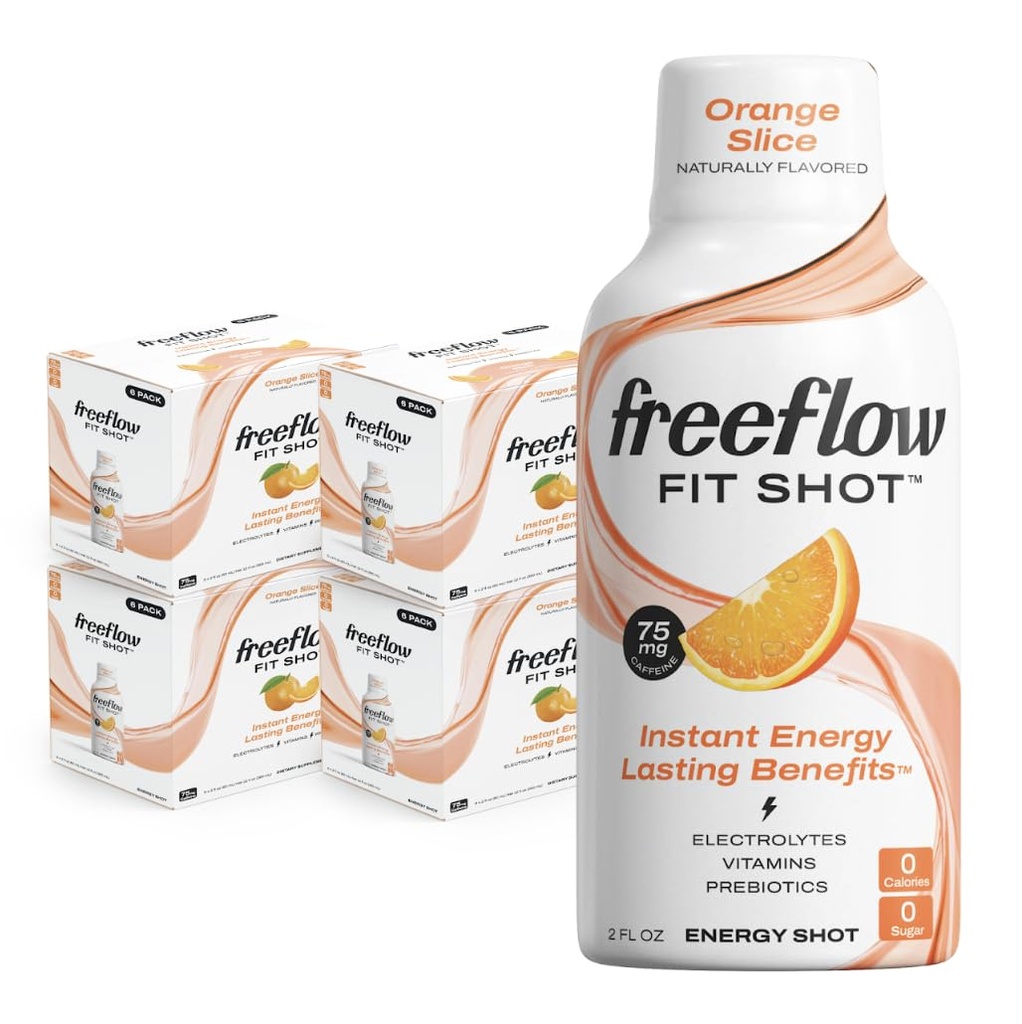Freeflow Fit energia Shots, Orange Slice, Natural Caffeine Boost koos L-theanine, ženšenn, vitamiinid, prebiootikumid, elektrolüüdid (24 Count, 2oz Shots)