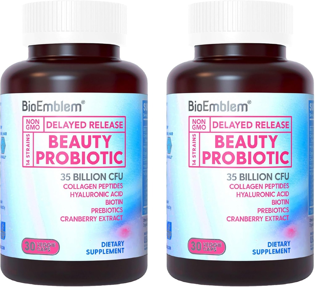 BioEmblem Beauty Probiootikumid naistele, 35 miljardit CFU 14 tüved biotiiniga, kollageeniga, seedetrakti prebiootikumid, juuste nahk ja küüned, vaginaalsete probiootikumide lisand, riiuli stabiilne, 60 kapslit