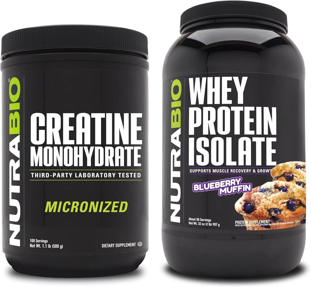 NutraBio kreatiini monohüdraat, maitsestamata, 500 g ja vadakuvalgu isolaat, mustika muffin, toidulisand Bundle - lihaste energia, lean lihaste kasv, taastumine ja tugevus