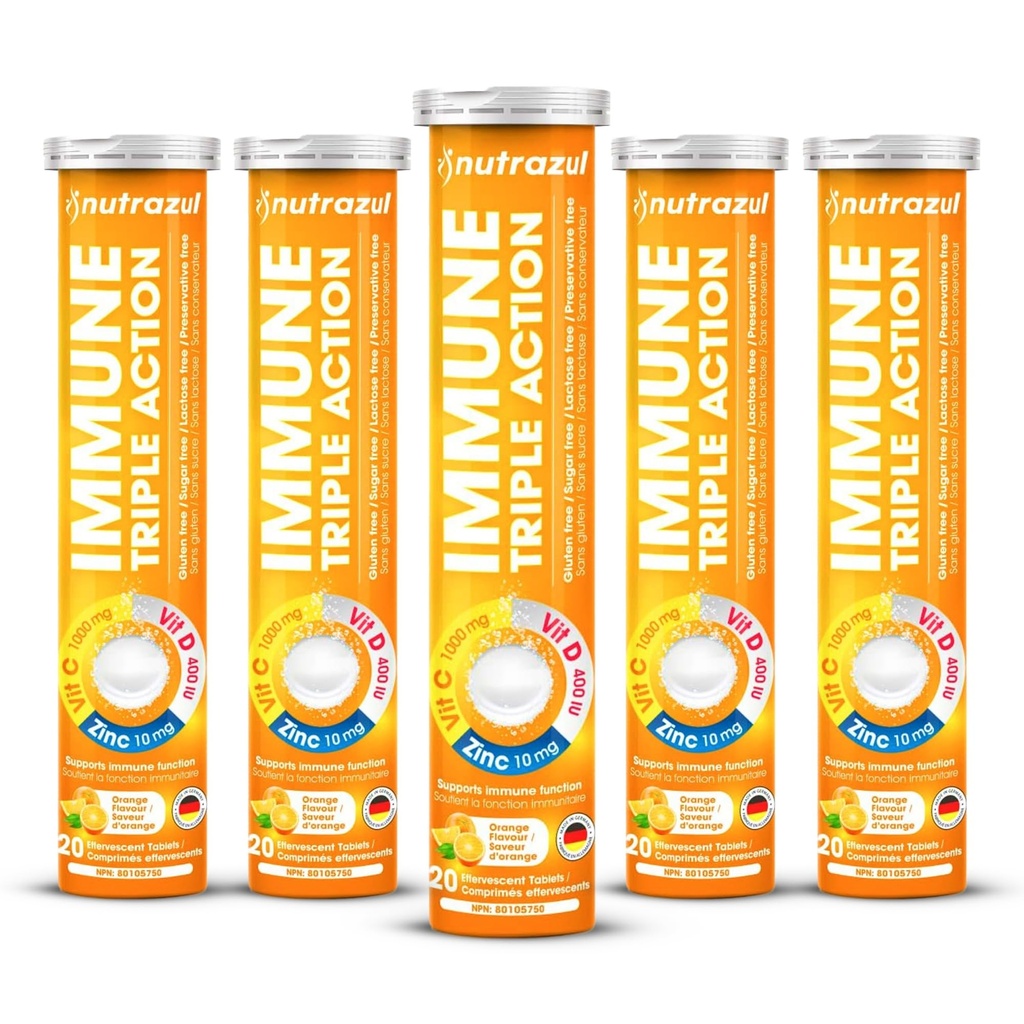 nutrazul Immuunsüsteemi kolmekordne toime kihisevad tabletid C-vitamiiniga 1000mg, vitamiin D, tsink, igapäevase rutiini toetamine, gluteenivaba, suhkruvaba, laktoosivaba, oranž maitse, 20 tabletti (pakk 5x20)