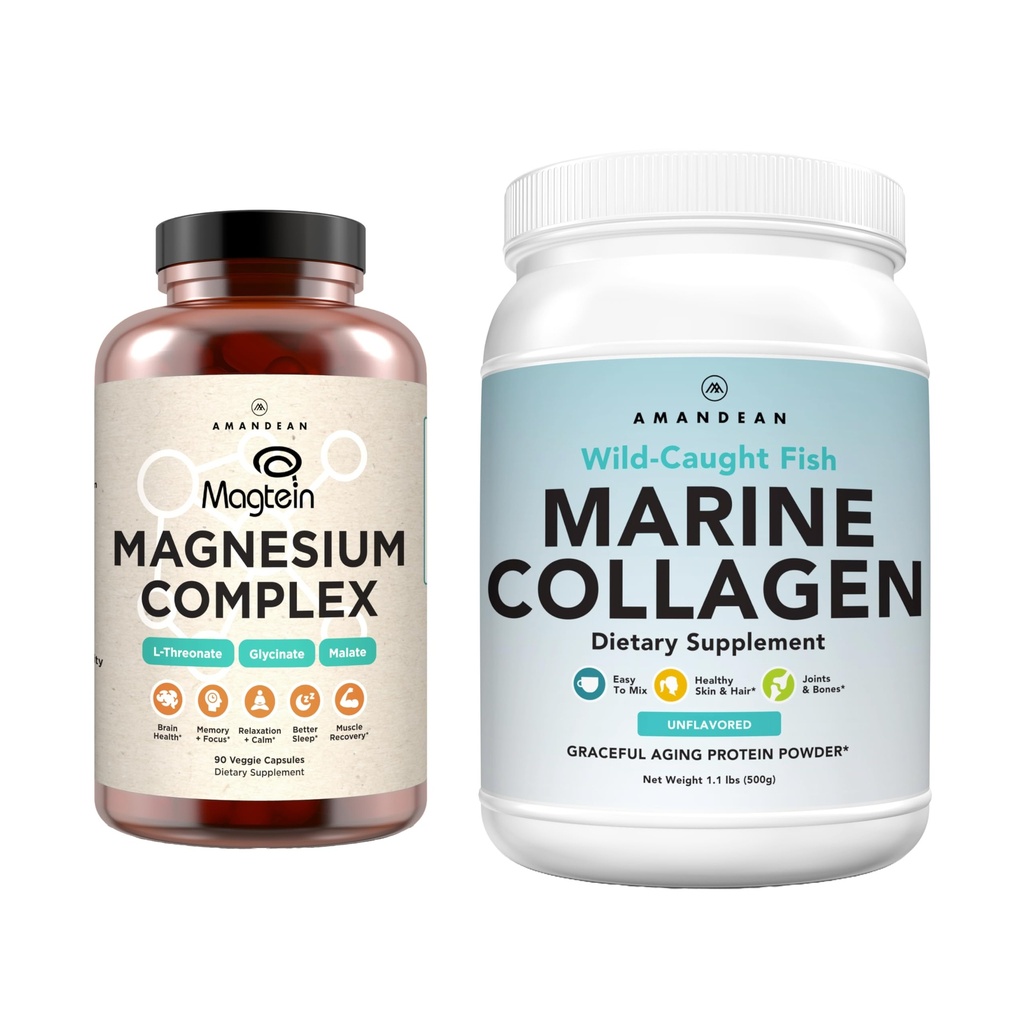 AMANDEAN Premium Magneesium Complex & Marine kollageeni Bundle. Suure imendumisega magneesiumtroon, glütsinaat ja malaat. Looduslikult püütud hüdrolüüsitud kala kollageenvalk. Kvaliteetne uni, nahk ja meeleolu