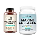 AMANDEAN Premium Magneesium Complex & Marine kollageeni Bundle. Suure imendumisega magneesiumtroon, glütsinaat ja malaat. Looduslikult püütud hüdrolüüsitud kala kollageenvalk. Kvaliteetne uni, nahk ja meeleolu