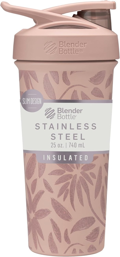 BlenderBottle Strada Flip Shaker Cup Isoleeritud roostevabast terasest veepudel traadi viskiga, 25-kordne, pruunid lilled