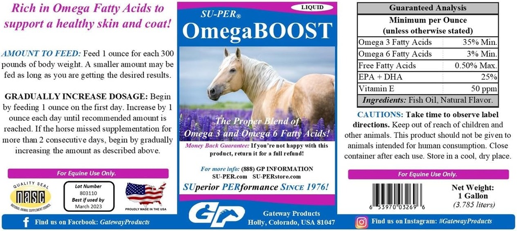 SU-PER OmegaBOOST kalaõli hobustele - Premium Omega 3 ja Omega 6 rasvhapete lisand - toetab tervislikku nahka ja katet - 1 Gallon