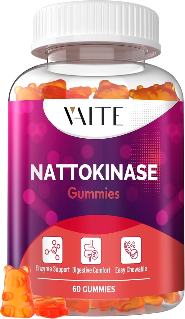 VAITE Nattokinaasi lisa 2000 FU (Fibrinolüütilised ühikud) 100mg - Ensüümilisand, Veganvalem, Tervis, Kahekordne Tugevus, Mitte-GMO, Sojavaba, Gluteenivaba, 60 Taimetoitlane Gummies