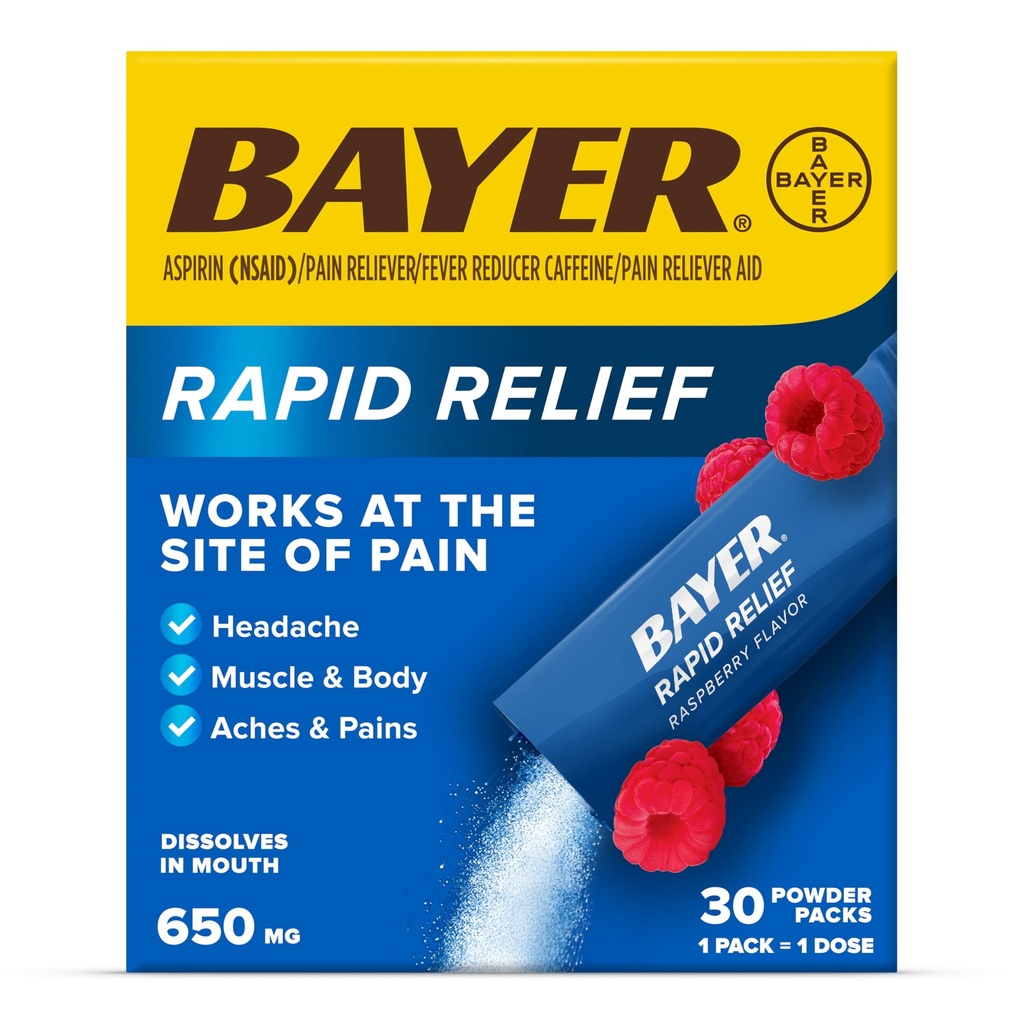 Bayeri kiirrelief Pulberpakendid aspiriini ja kofeiiniga, lahustuv kiire toimega valu leevendamine peavalu, lihaste ja kehavalu korral, vaarikamaitse (pakend võib varieeruda), pakend 3 x 10 loend