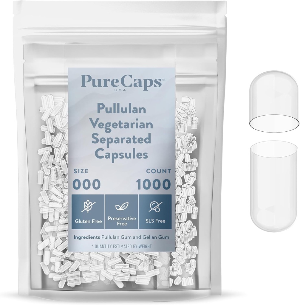 PureCaps USA - Tühjad taimetoitlased Vegan Pullulan Pill Kapslid Suurus 000 | 1000 Eraldatud Pillid | Clear| Mitte-GMO sertifitseeritud | SLS, Gluteen, säilitusainevaba