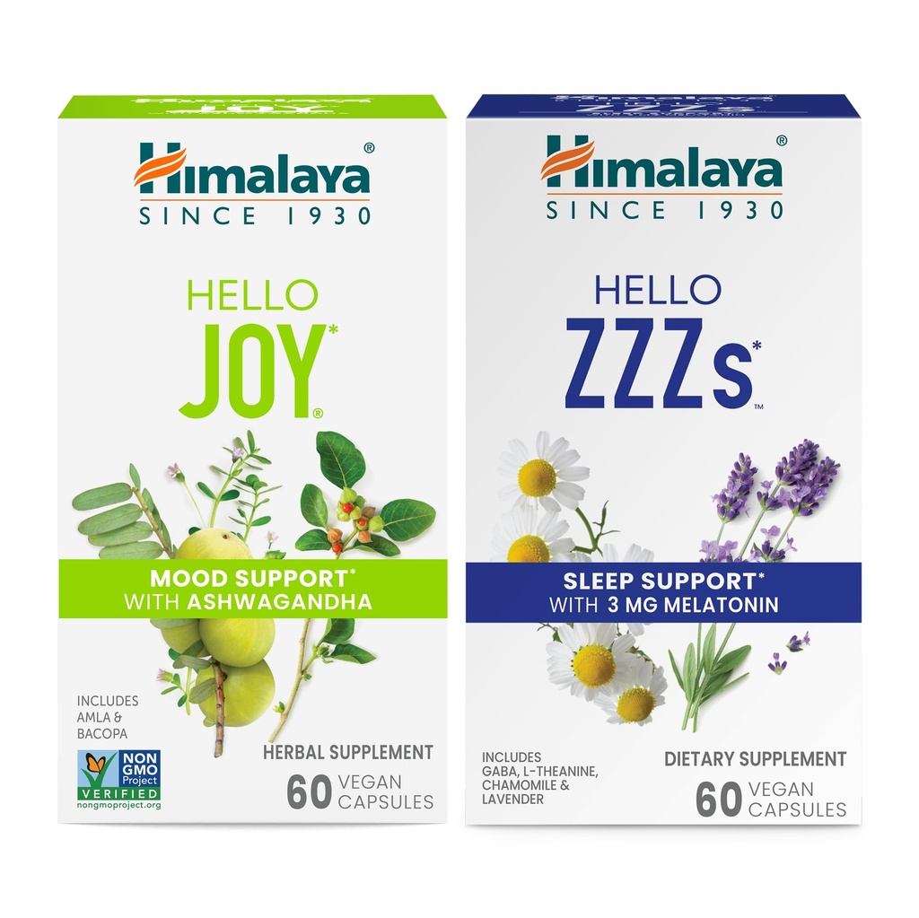 Himalaya Hello Joy koos Ashwagandhaga meeleolu ja vaimude parandamiseks & Hello ZZZs koos melatoniiniga une toetamiseks, 60 kapslit iga - pakk