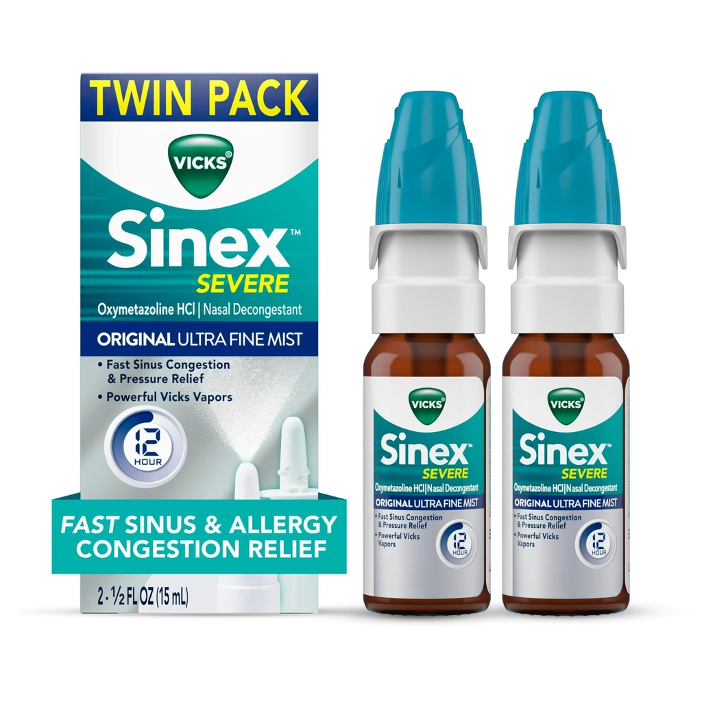 Vicks Sinex SEVERE Allergia & Sinus Nina Spray, Original Ultra Fine Mist, Dekongestantne meditsiin, külma või allergia tõttu nina ummistuste leevendamine, Siinus Rõhuvabastus, 265 Sprays x 2