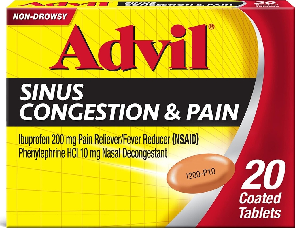 Advil Sinus'i ummistus ja valu, siinuse leevendamise meditsiin, valu leevendamine ja palaviku vähendaja ibuprofeeni ja fenüülefriini HCl - 20 kaetud tabletti
