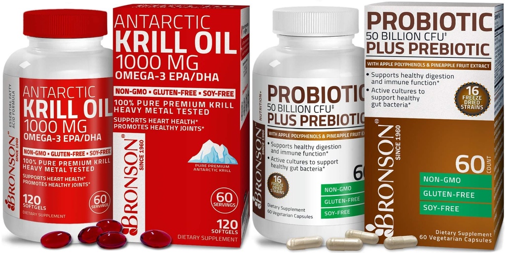 Bronson Probiootikum 50 miljardit CFU + prebiootikum koos Apple Polyphenols & Ananass Fruit Extrac Antarktika krillõli 1000 mg koos Omega-3s EPA DHA-ga