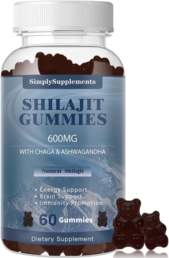 Shilajit Gummies koos Ashwagandha ja Chaga meestele ja naistele - Shilajiti lisand Trace Minerals & Fulvic Acid energia ja immuunsuse toetamiseks, 60 Gummies