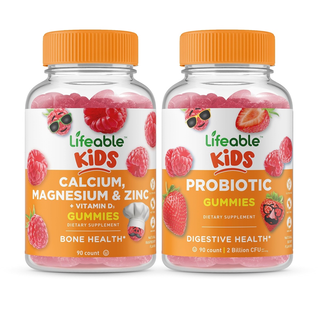 Elujõuline Kaltsium Magneesium & Tsink Lapsed + Probiootikum 2 Miljardid CFU Lapsed, Gummies Bundle - suurepärane maitse, vitamiinilisand, Gluteenivaba, GMO-vaba, närimiskumm