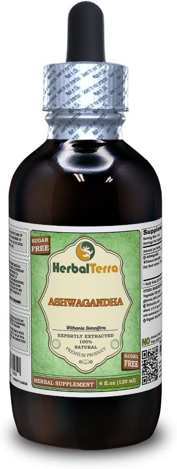 Ashwagandha (Withania Somnifera) glütseriit, orgaaniline kuivatatud juur alkohol-vaba vedelik ekstrakt (kaubanimi: HerbalTerra, Proudly Made in USA) 4 fl.oz (120 ml)