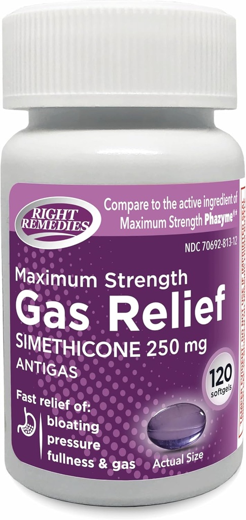 Gas Relief Maksimaalne tugevus, Simethicone 250 mg (120 Softgels), Kiire leevendus gaasist, Bloating, Fullness, Painful Disfort, Võrreldes maksimaalse tugevusega Phasyme Active Koostisosa