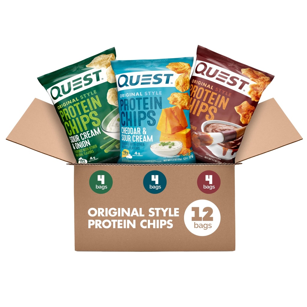 Quest Nutrition Protein Chips Variety Pack, BBQ, Cheddar & Hapukoor, Hapukoor & Sibul, Kõrge Valk, Madala Süsivesikusisaldusega, 1,1 oz (12. pakk)