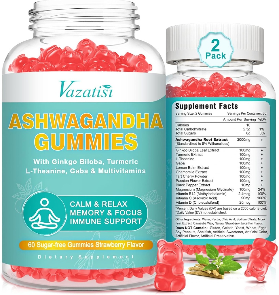 2 Pack Ashwagandha Gummies koos kurkum GABA Mood Energy and Immune Support, Maasikas Maitse 120 Ct