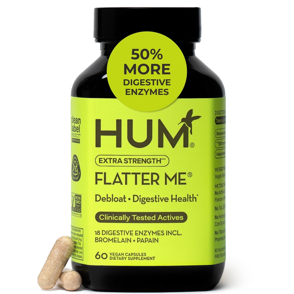 HUM Flatter Me Extra Tugevus Seedeensüümid Naistele, Meestele, Seedetrakti Soolepuhitus Lisand, Ingver, Piparmündi Leht, Kiire Toime Anti Bloat Pills Multi Ensüüm Debloating, 60 Kapslit