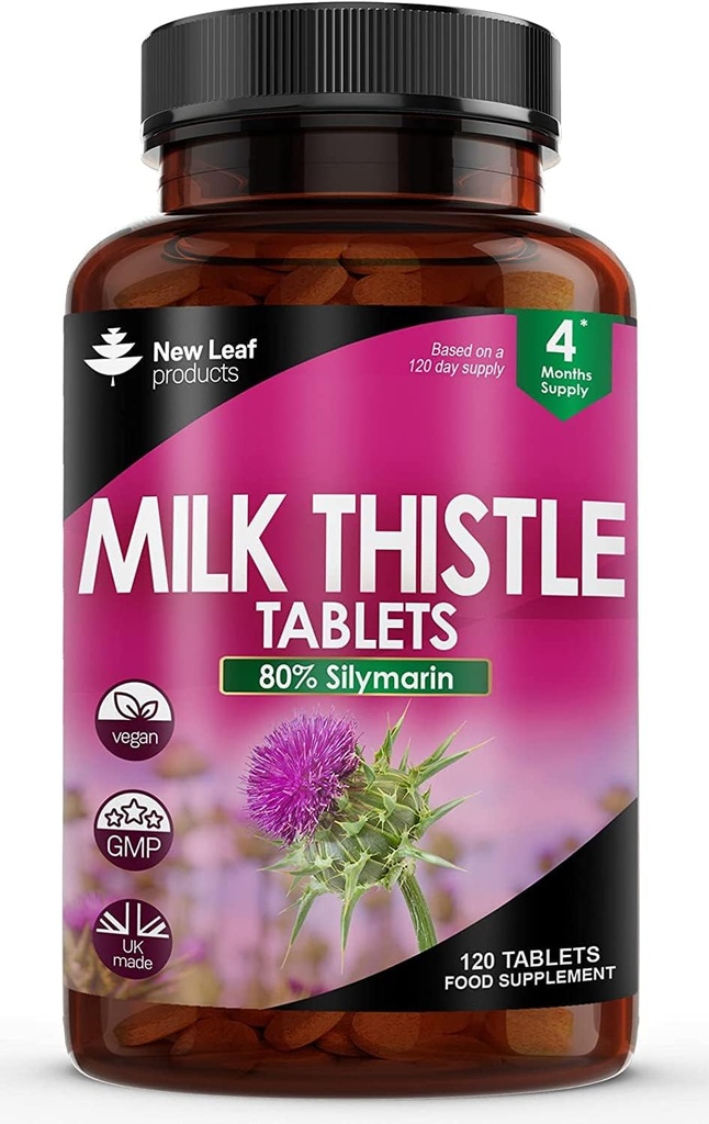 Uued lehed Piimaohakas 1000 mg tabletid (4 kuu pakkumine) Suur tugevus 2000mg 80% Silymarin, Vegan tabletid, GMO-vabad, Gluteenivabad 120 tabletti