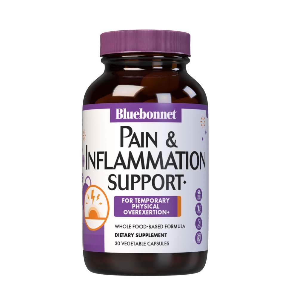 Bluebonnet Nutrition Pain & Inflammation Support, ajutise füüsilise ülekoormuse *, mitte-GMO, vegan, Kosher sertifitseeritud, gluteenivaba, sojavaba, piimavaba, 30 köögiviljakapslit, 30 serveerimist