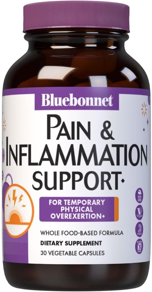 Bluebonnet Nutrition Pain & Inflammation Support, ajutise füüsilise ülekoormuse *, mitte-GMO, vegan, Kosher sertifitseeritud, gluteenivaba, sojavaba, piimavaba, 30 köögiviljakapslit, 30 serveerimist