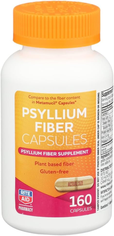 Rite Aid Psyllium Fiber kapslid, 160 Count, Psyllium Fiber Supplement, | Kõhukinnisus Relief | 100% Natural Psyllium Husk Fiber | Aitab taastada korrapärasust | Edendab seedetrakti tervist