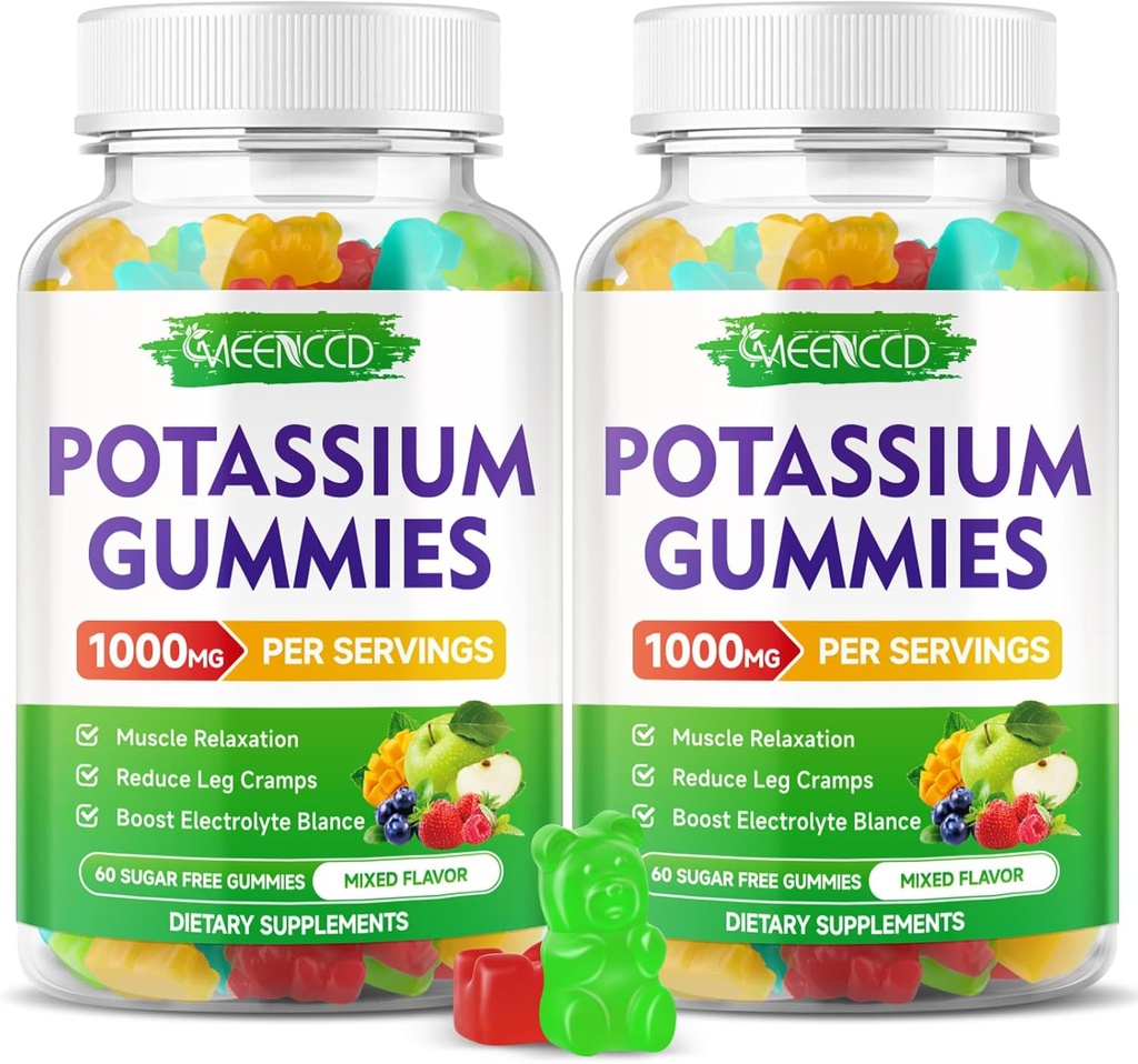 Kaaliumtsitraatkummid 1000mg, kõrge potentsi kaaliumilisandiga kummid täiskasvanutele naistele ja meestele, tugijalakrambid ja lihastervis, suhkruvaba, segatud puuviljamaitse, 120 krahv