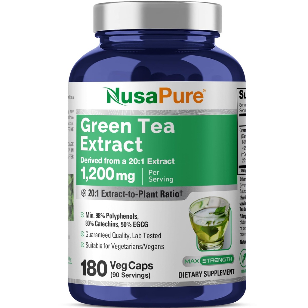 NusaPure Green Tea 20: 1 Ekstrakt , 1200 mg , mis vastab 24000 mg , 180 vegankapslit , 50% EGCG , 98% polüfenoole , 80% katehhiine