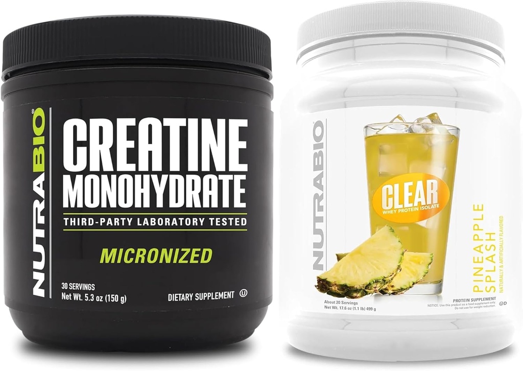 NutraBio kreatiini monohüdraat, maitsestamata, (150 g) ja selge vadakuvalgu isolaat, (Pineapple Splash) täiendus Bundle - lihaste energia, maksimaalne kasv, taastumine ja tugevus