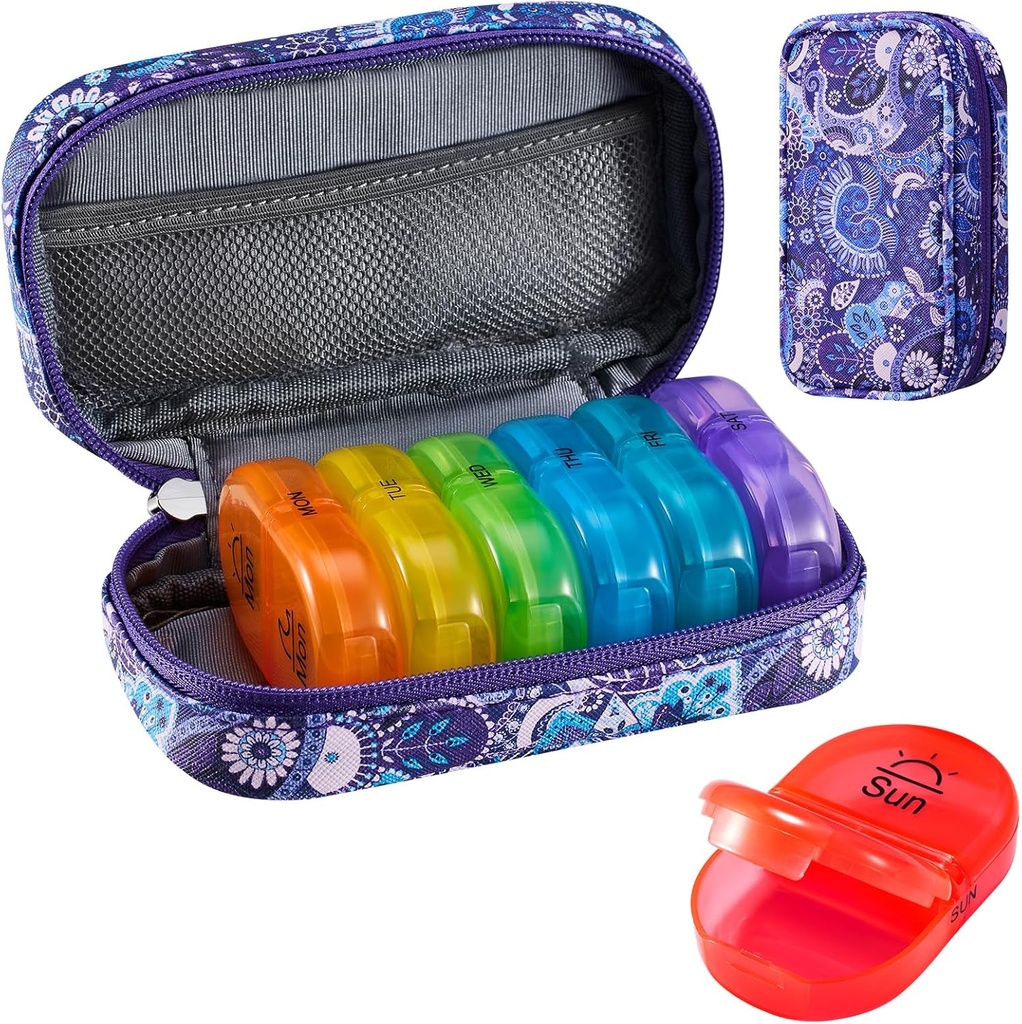 Serfeymi Weekly Travel Pill Korraldaja 2 korda päevas PM Täiustatud Vikerkaar Pill Box 7 päeva kaasaskantav Zipper PU Nahk pillid juhul, meditsiin Korraldaja pillid, vitamiinid, kalaõlid - Purple-01