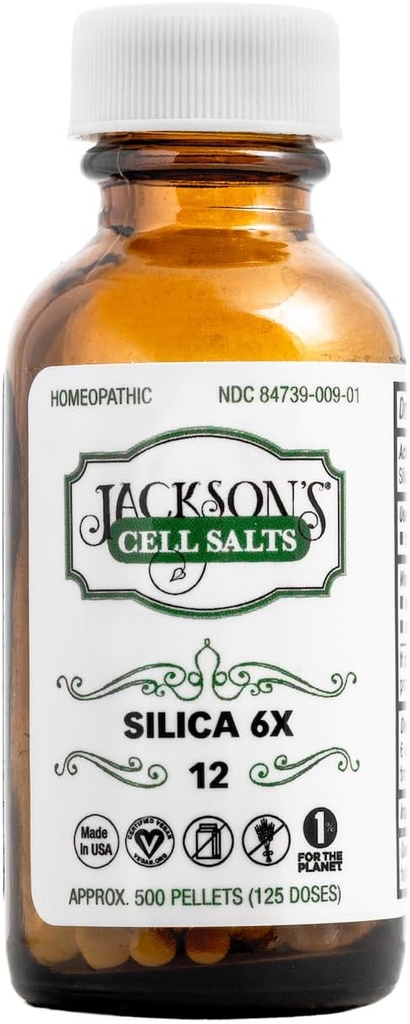 Jacksoni #12 Cell Salt Silica 6X (500 Pellet Bottle) - sertifitseeritud Vegan, Laktoosivaba Schuessler Tissue Salt Silicea 6X (Made in The USA)