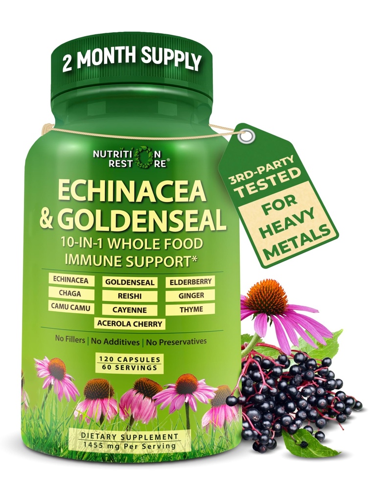 Echinacea Goldenseal Kapslid - 10 in 1 Immune Support Supplement - 1455mg - Vegan Echinacea Kapslid täiendus valmistatud orgaaniliste tervete toitudega - Taimse immuunsüsteemi tugi - 2 kuu pakkumine